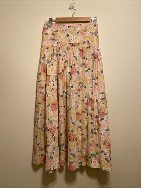 WE’RE ALL PRETTY GIRLS Floral Midi Skirt - Pink & Yellow Garden Print. Size L